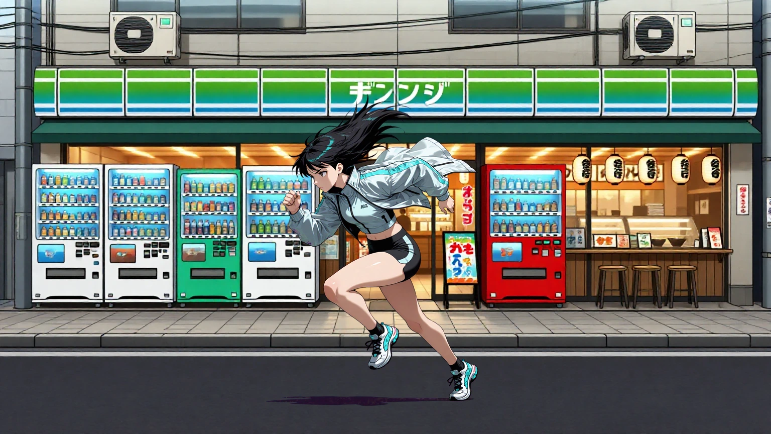 Anime runner composite in 2D Tokyo street scene in Nomad Studio