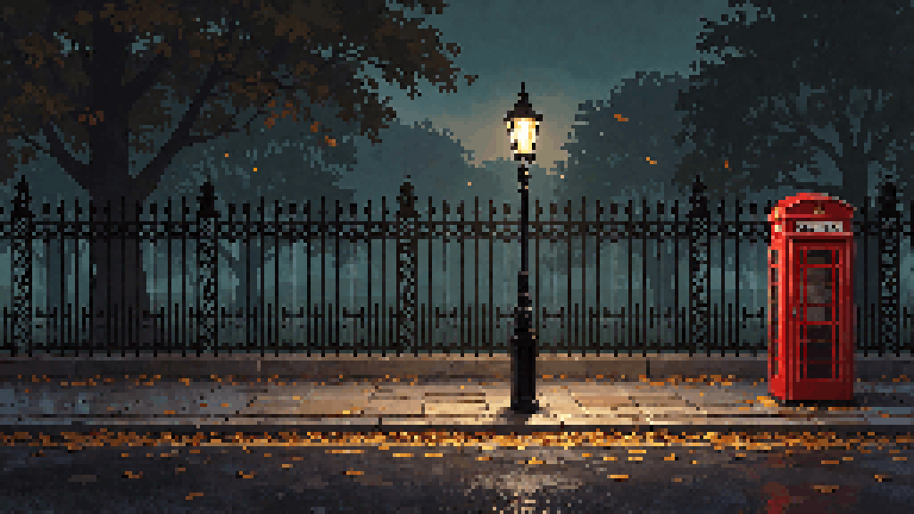 London adventure street 2D flat scene in authentic 16-bit pixel art