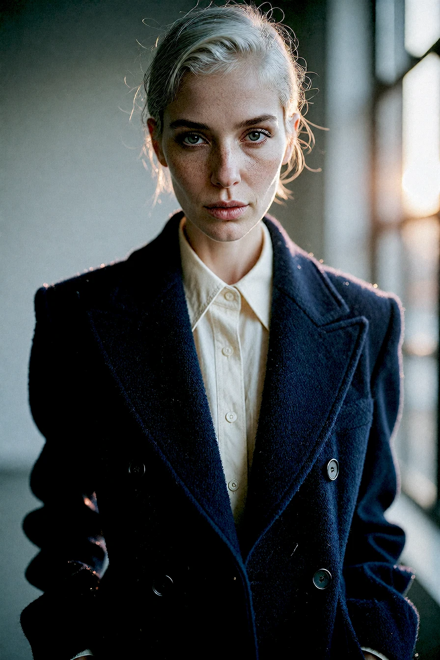 Editorial portrait of a silver-haired woman in a navy wool coat