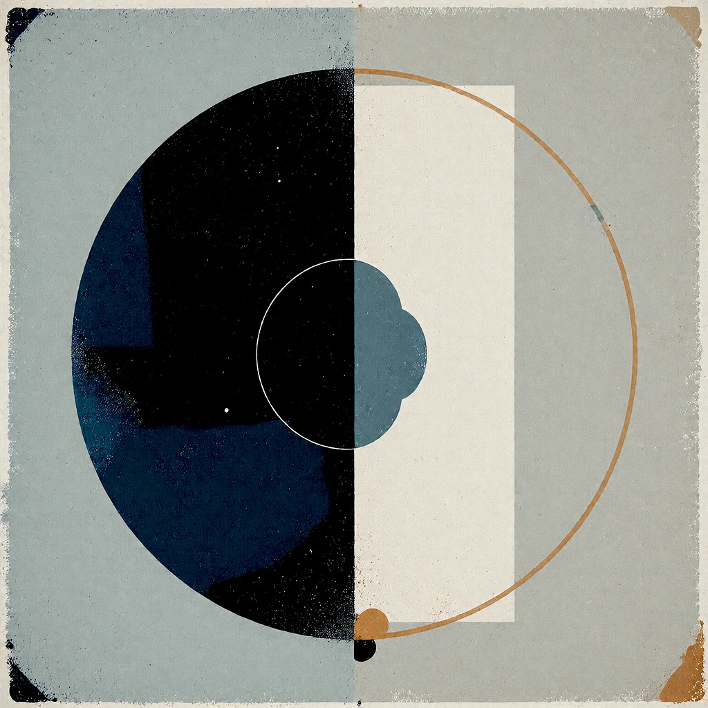 Abstract square composition in ink blue, ivory and muted amber