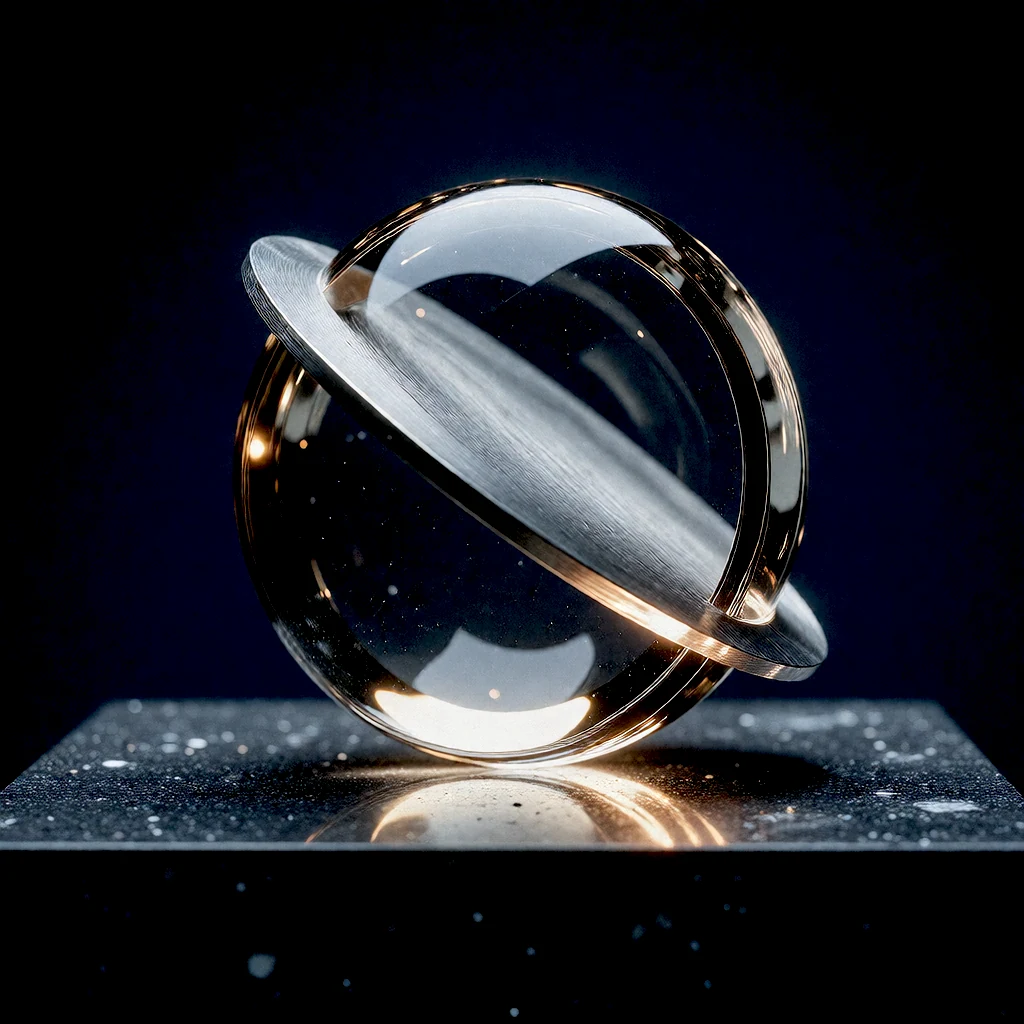 Optical sculpture in smoked glass, brushed metal and dark stone