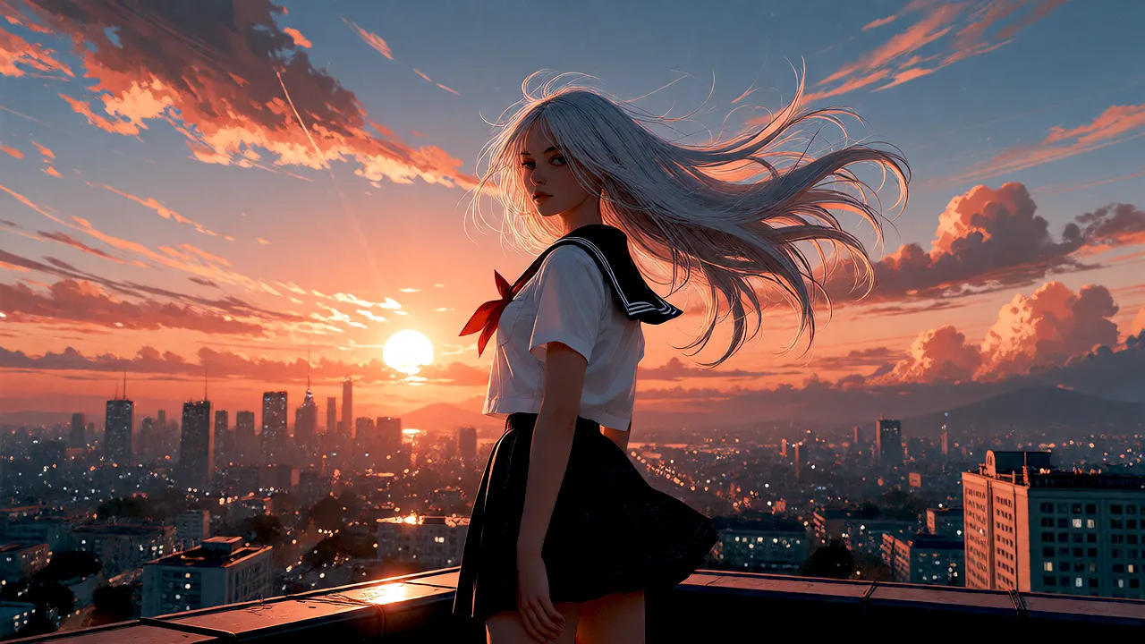 A character on a rooftop at sunset.