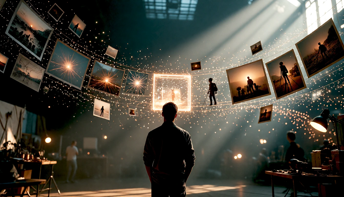 A photographer with hands in pockets observing an illuminated arc of floating photo prints showing project progression.
