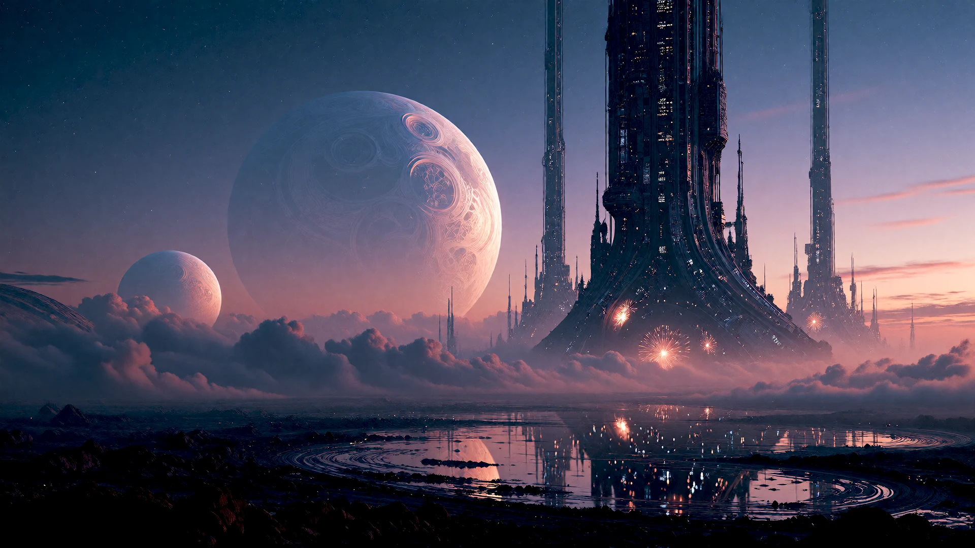 A distant world beneath a violet sky.
