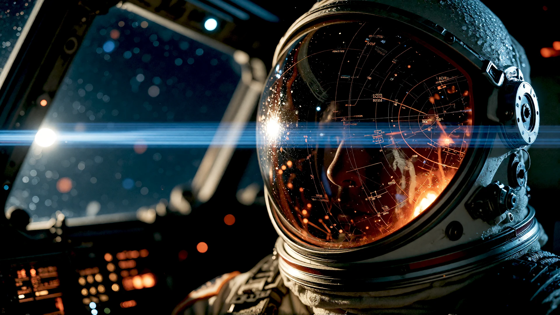 An astronaut's illuminated helmet.
