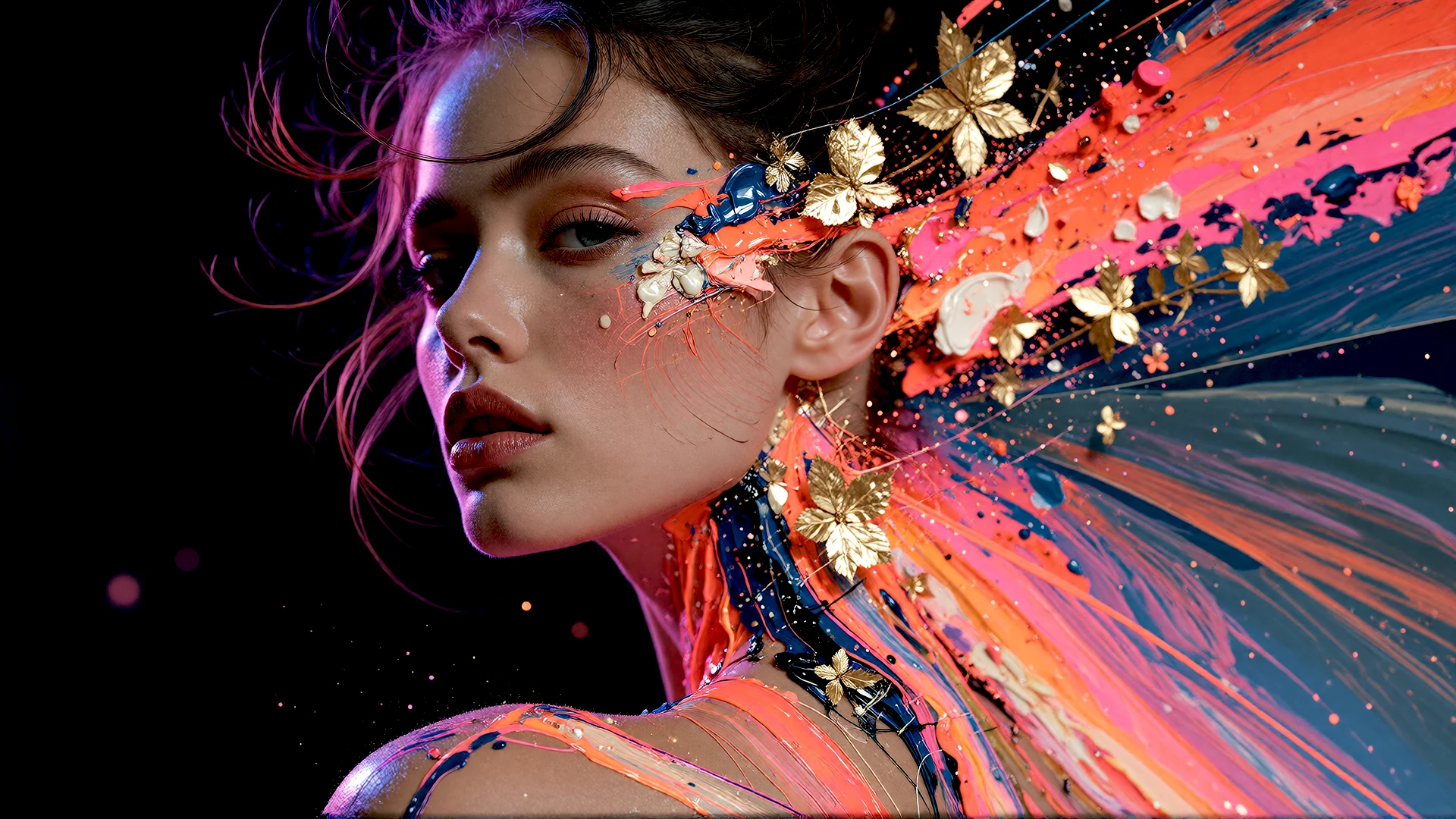 A portrait with bright brushstrokes and flowers.