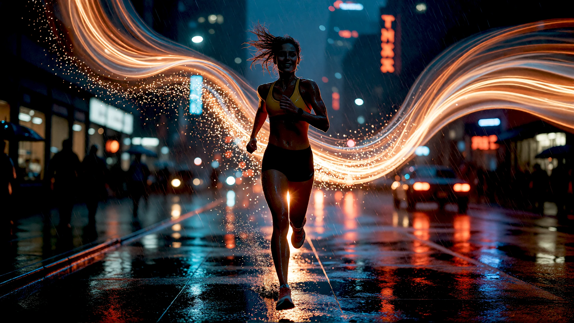 Night runner in the rain with light trails generated with Nomad Studio