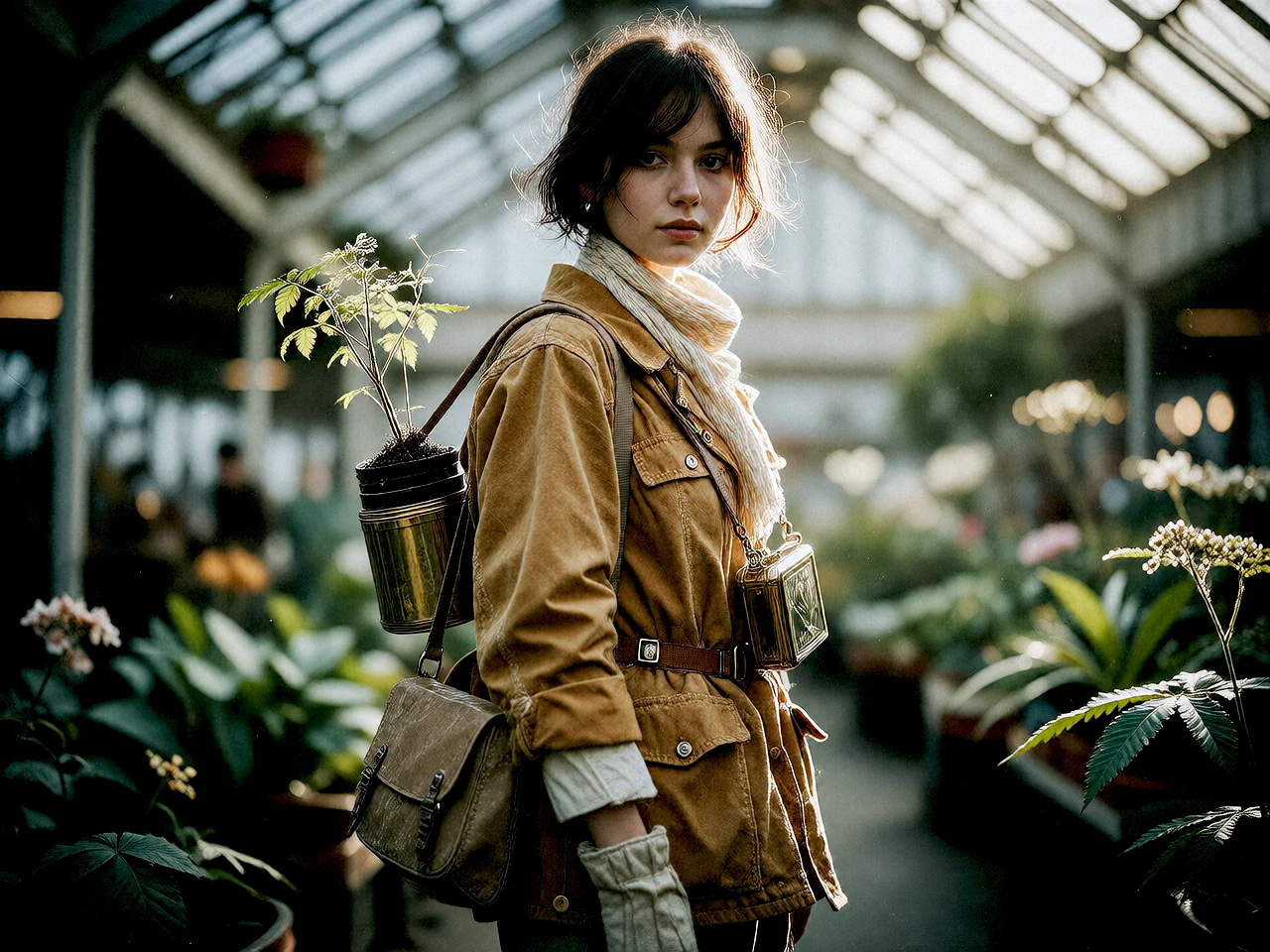 Field botanist with ochre jacket in a botanical conservatory
