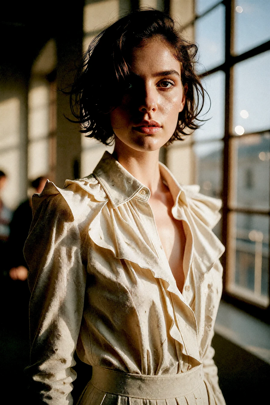 Editorial fashion portrait in a warm limestone atelier