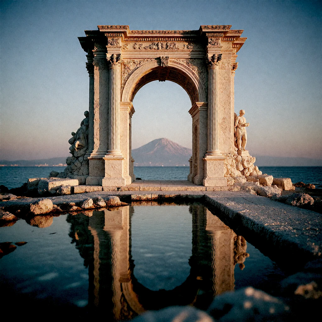 Sandstone arch sanctuary opening onto a calm sea