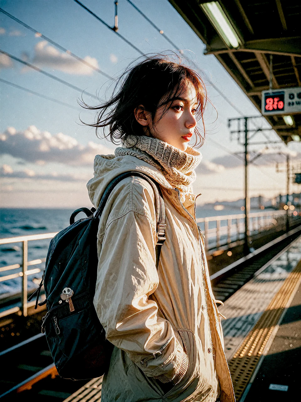 Hand-drawn anime illustration on a coastal train platform