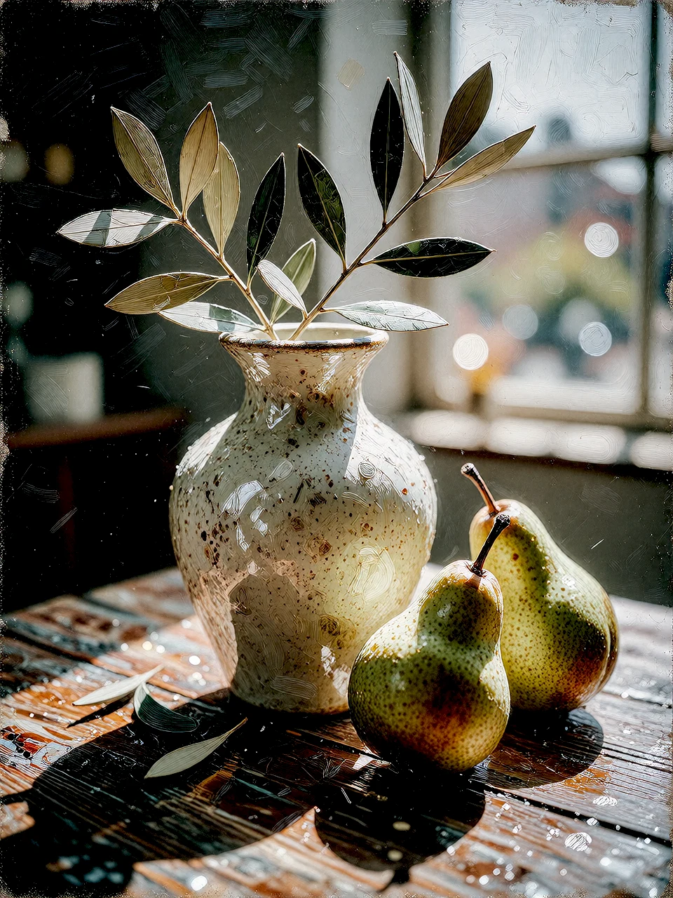 Richly textured oil painting of a ceramic vase and olive branch