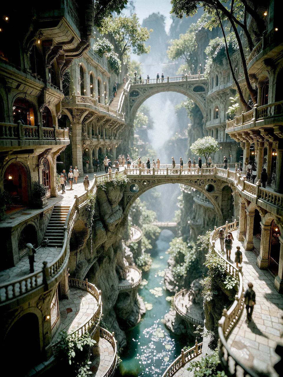 Hanging garden built into a towering canyon with waterfalls