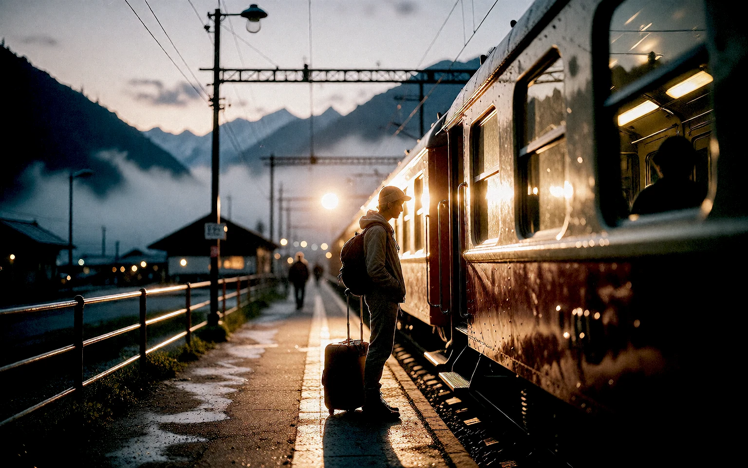 Traveler waiting beside a vintage train at a misty dawn station