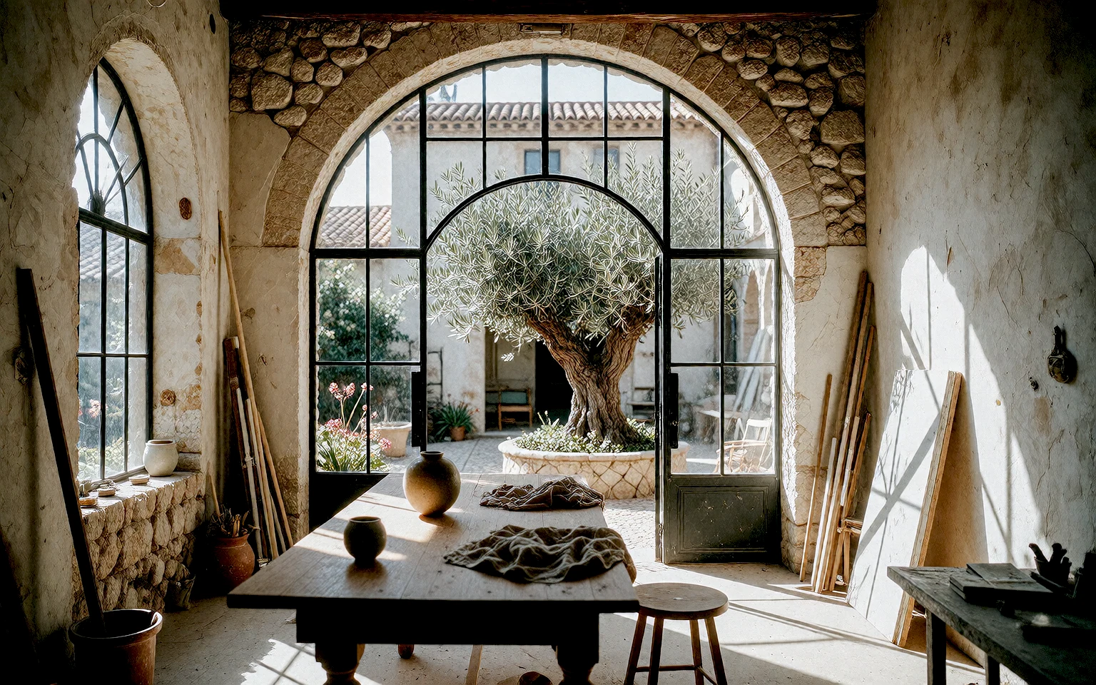 Sunlit artist atelier inside a Mediterranean stone house
