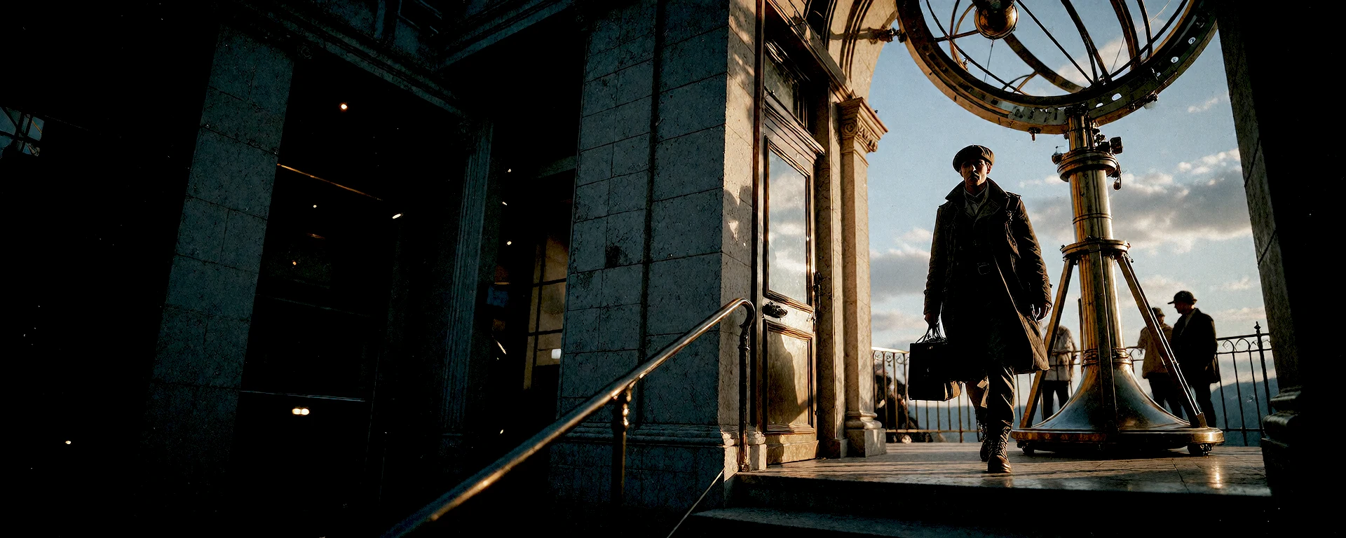 Cinematic film still of an explorer entering a vintage observatory