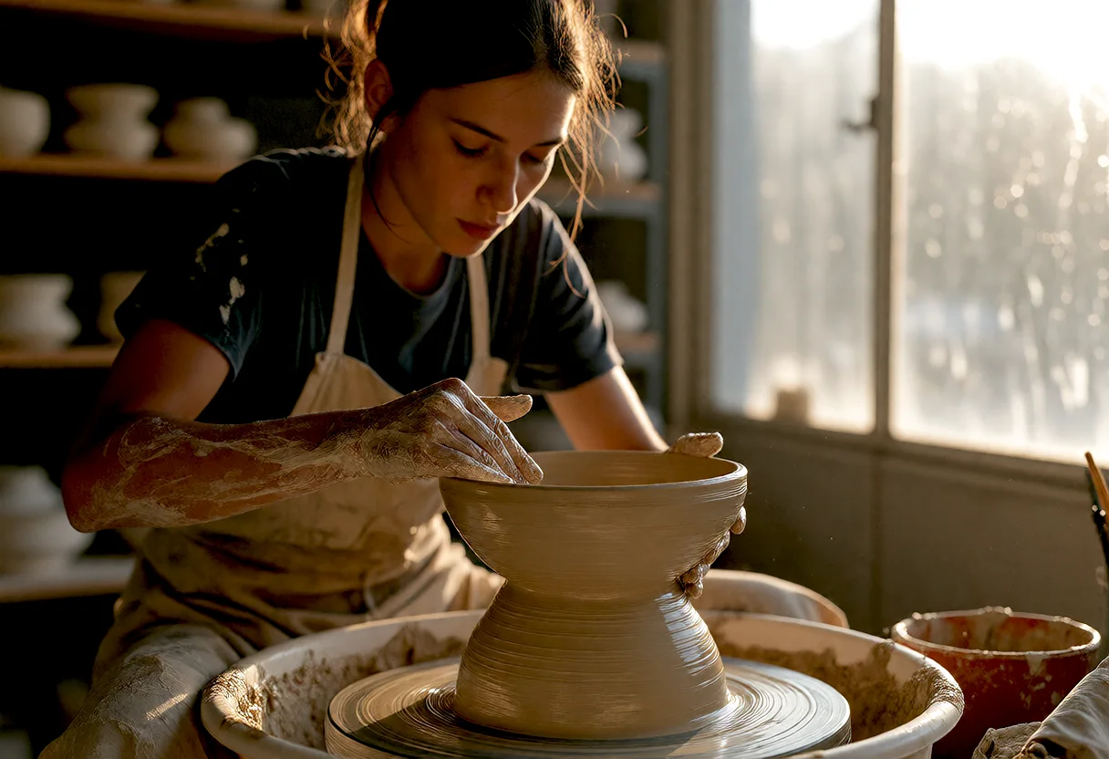A ceramic artist leaning over her wheel shaping a wet clay bowl, warm light from a window behind her, shelves of pale unglazed pots out of focus.