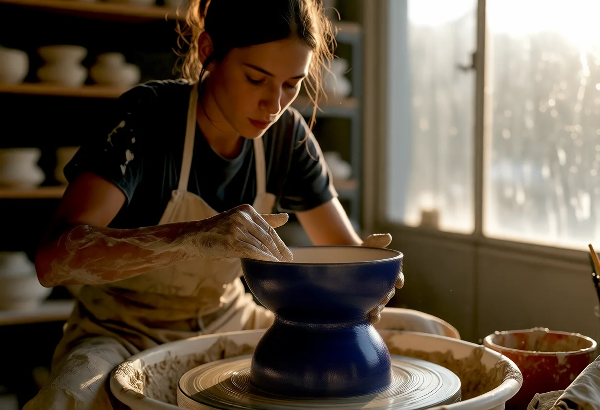 The same workshop photograph, with the bowl on the wheel now finished in a glossy deep cobalt blue glaze and everything else unchanged.