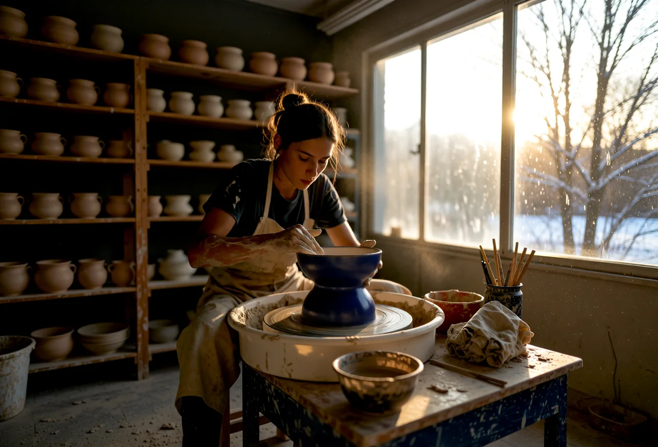 The workshop scene expanded well beyond the original frame: full shelves of pots along the left wall, a large window with snow and bare trees outside, the potter and her blue bowl now small in the middle of the room.