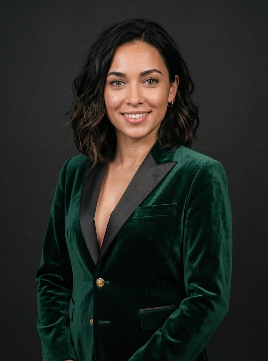 Model wearing emerald blazer with realistic studio lighting