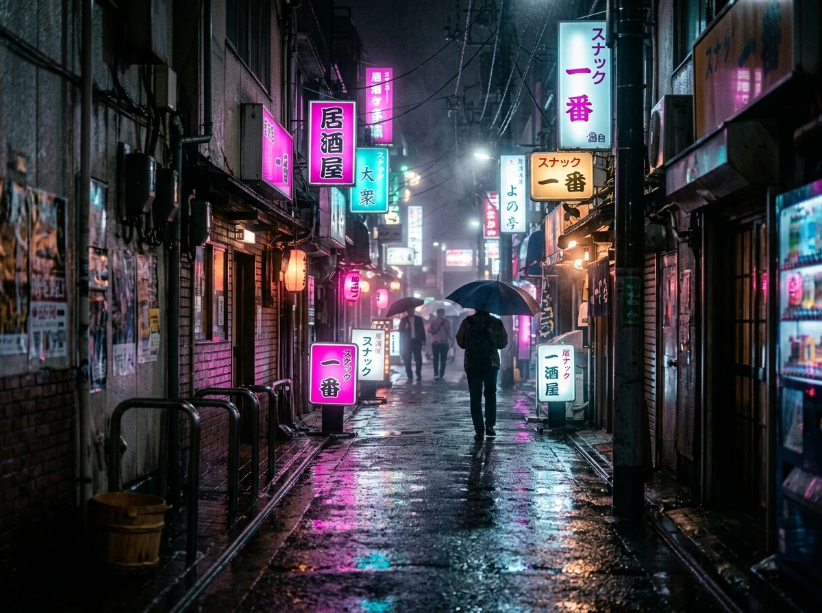 Tokyo rainy night street with neon lights