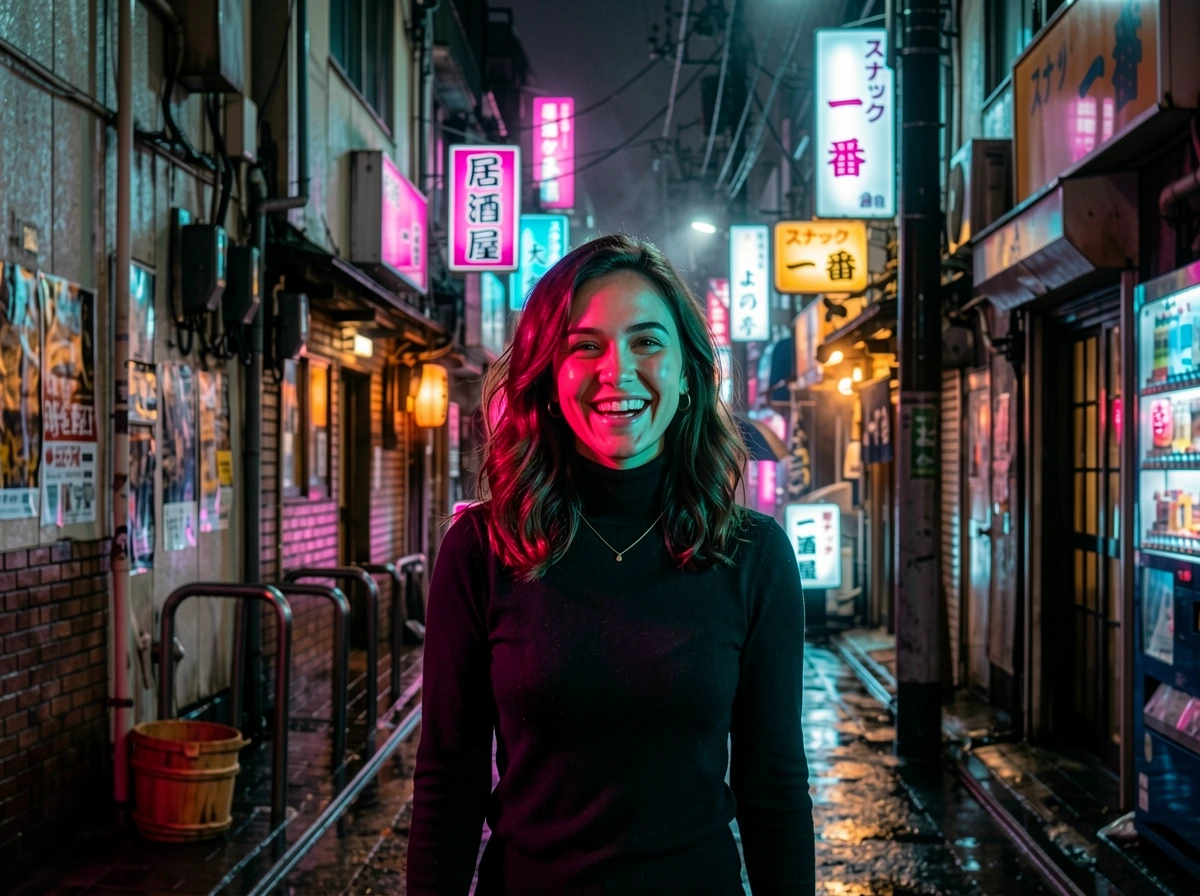Subject integrated into Tokyo street with authentic neon reflections