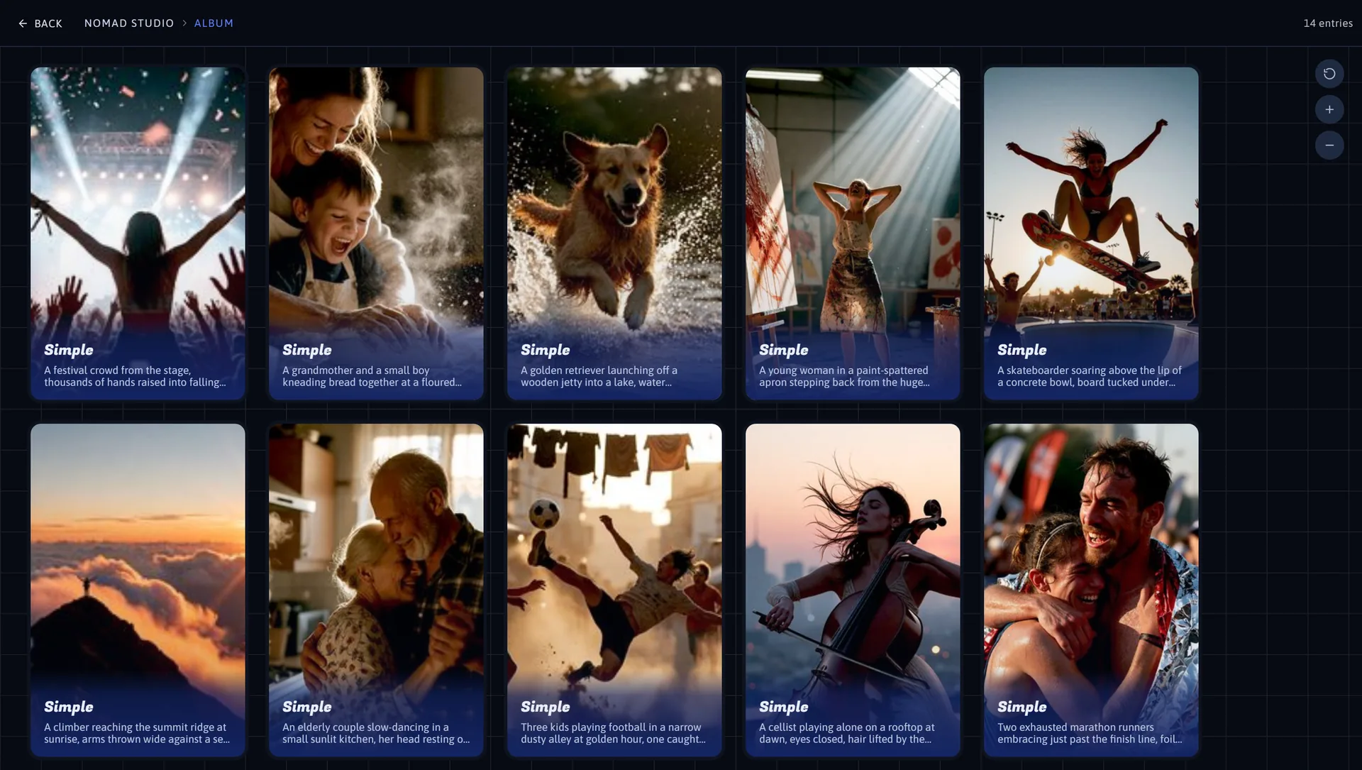 The Album in Nomad Studio: a grid of poster cards, one per generation session, each labelled with the flow that made it and the opening of its prompt.