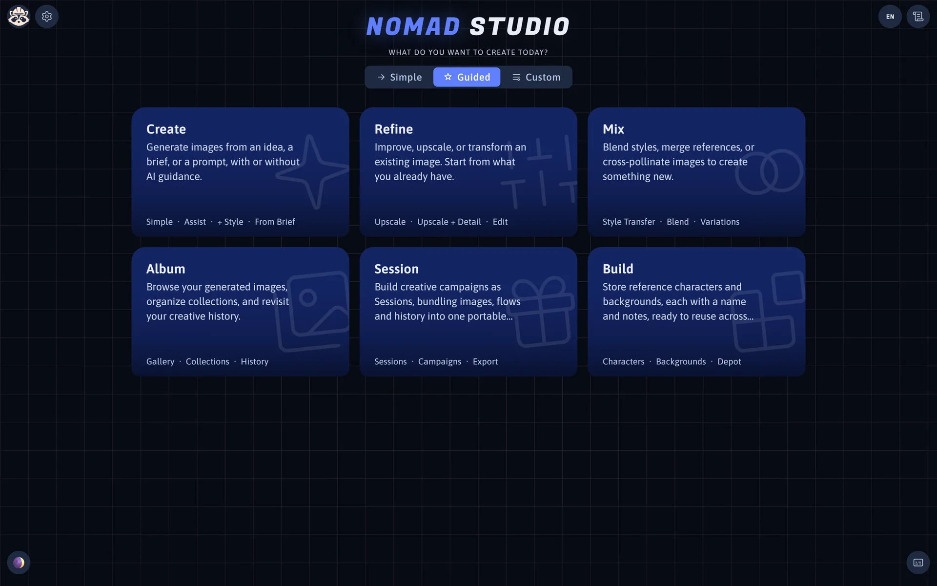 The Nomad Studio hub: six creative spaces — Create, Refine, Mix, Album, Session and Build.