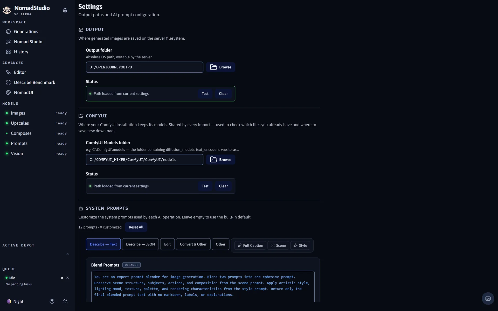 The Nomad Studio settings panel with ComfyUI and LM Studio connection fields, model folder and output folder pickers.
