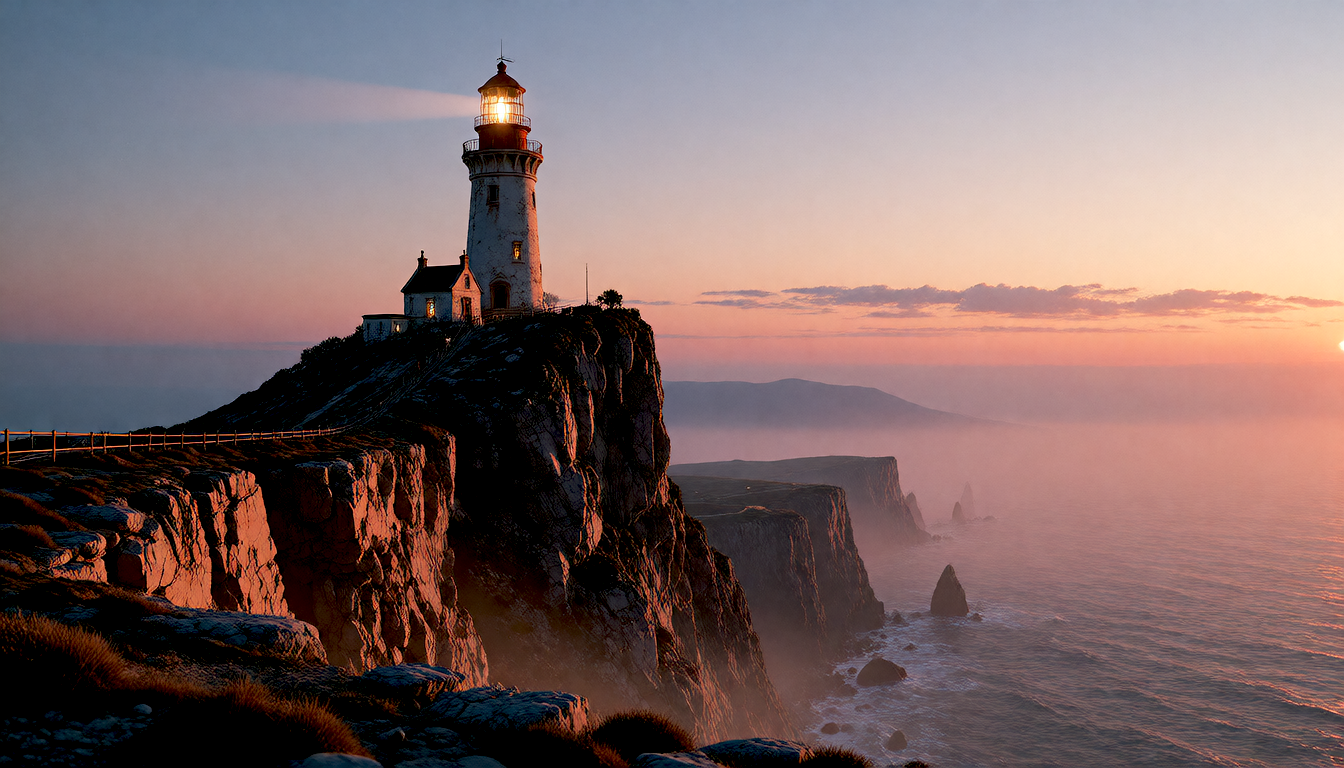 Generated result: a lighthouse on a rocky cliff at dawn