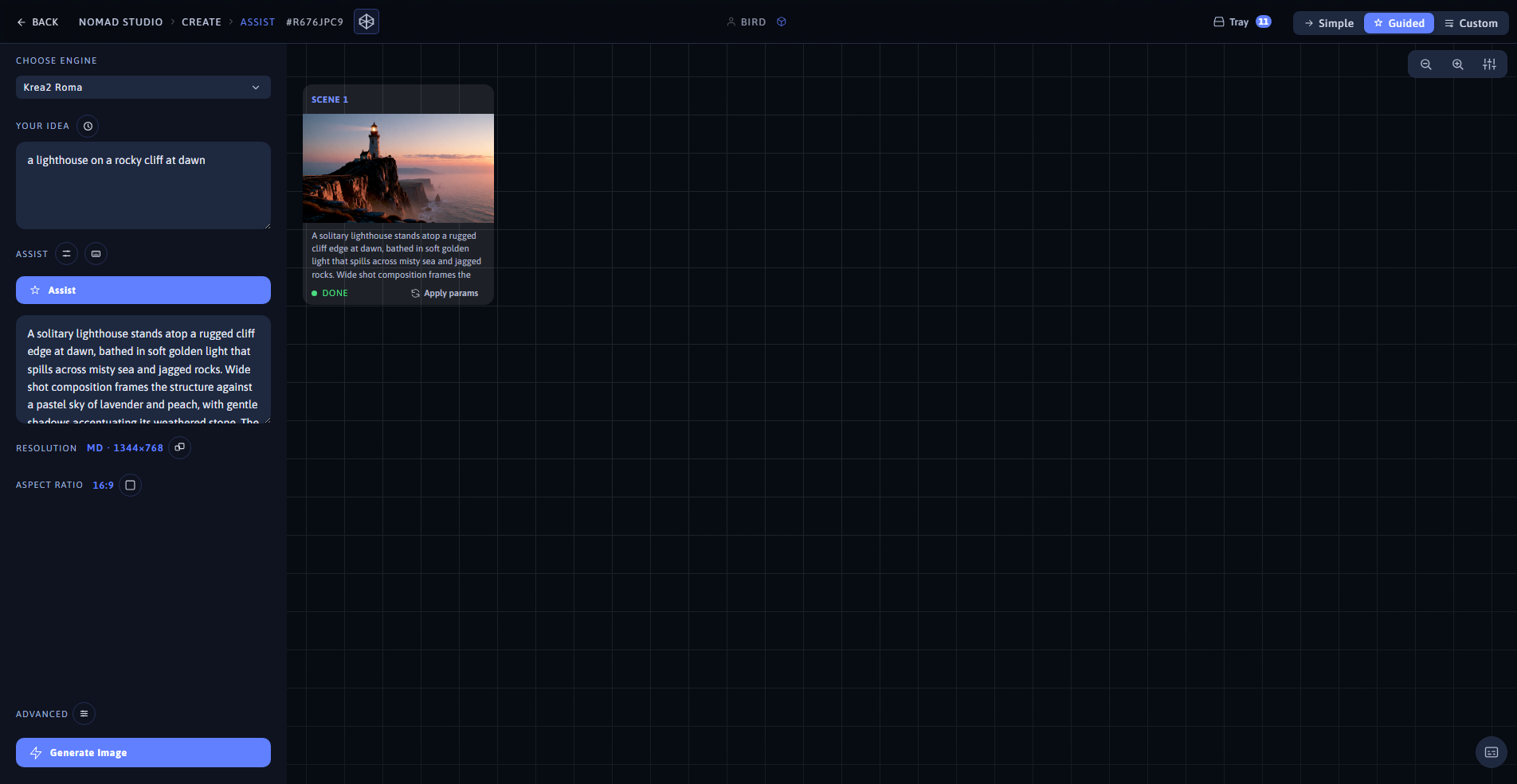 Nomad Studio Assist page showing the enhanced prompt and the generated lighthouse image