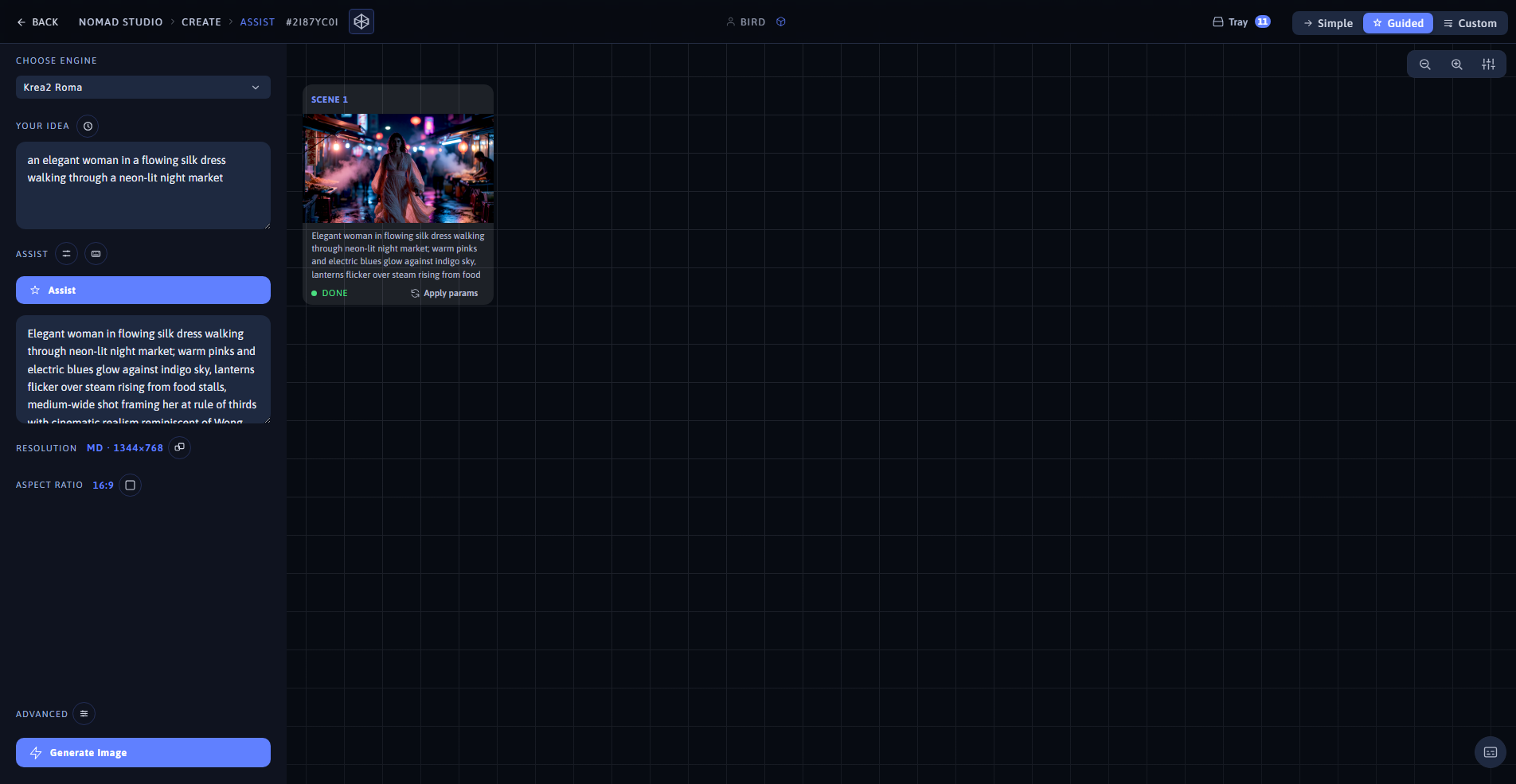 Nomad Studio Assist page showing the enhanced prompt at 16:9 and the generated result