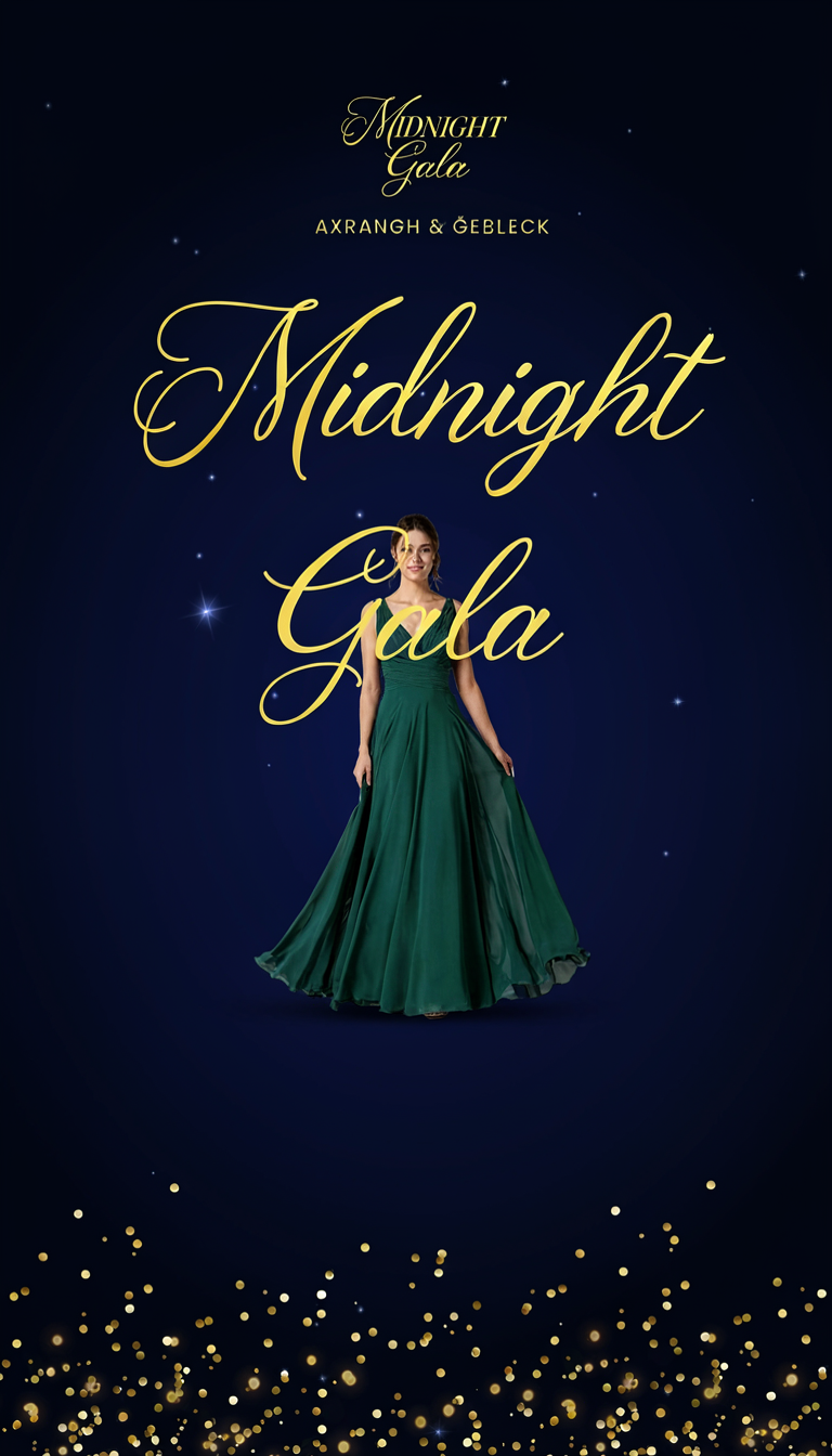 Generated result: a Midnight Gala poster with golden script title and a woman in an emerald gown