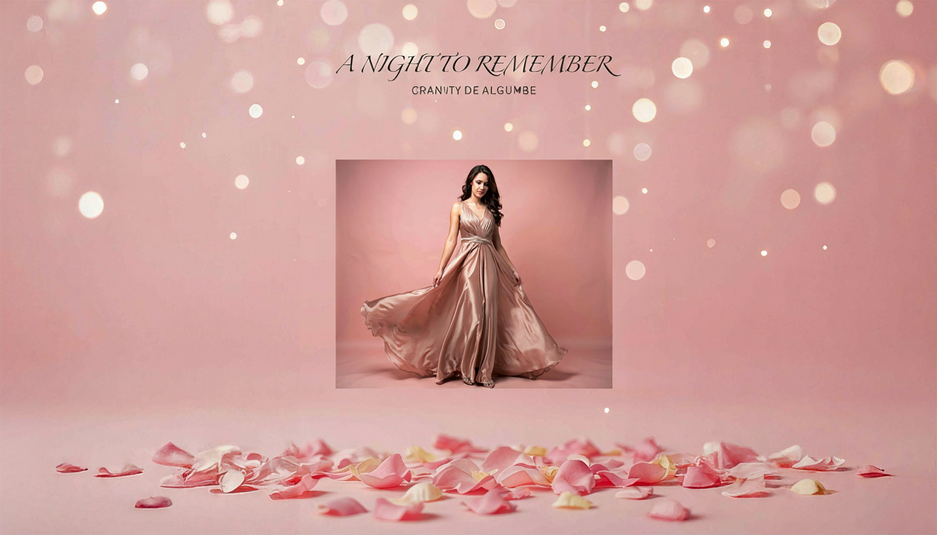 Generated result: an A Night to Remember poster with cursive title and a woman in a rose-gold gown