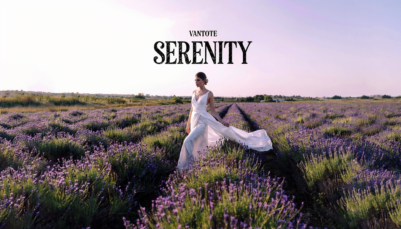 Generated result: outlined monochrome lettering reading SERENITY over a woman in a lavender field