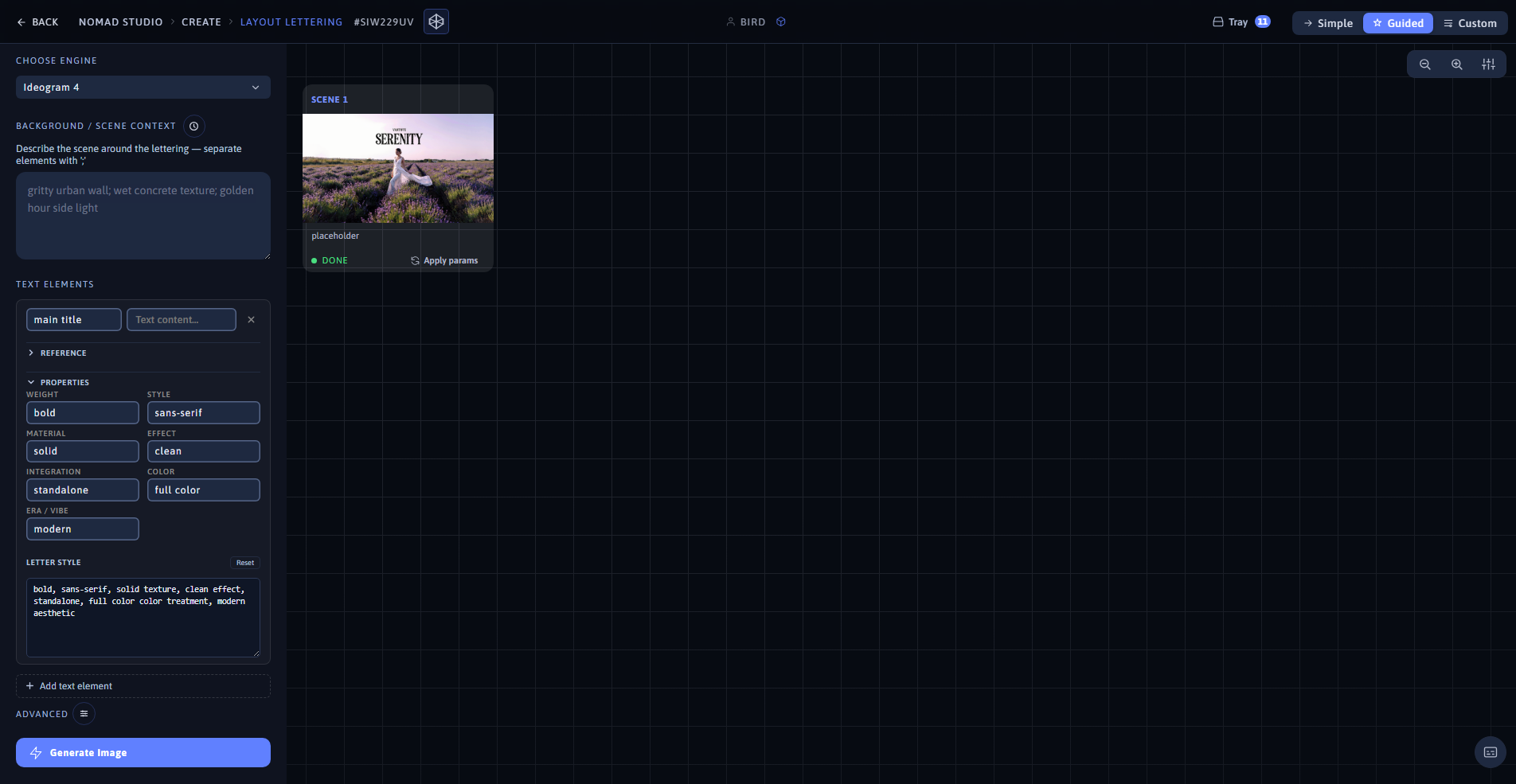 Nomad Studio Layout Lettering page showing the pill selectors at 16:9 and the generated result