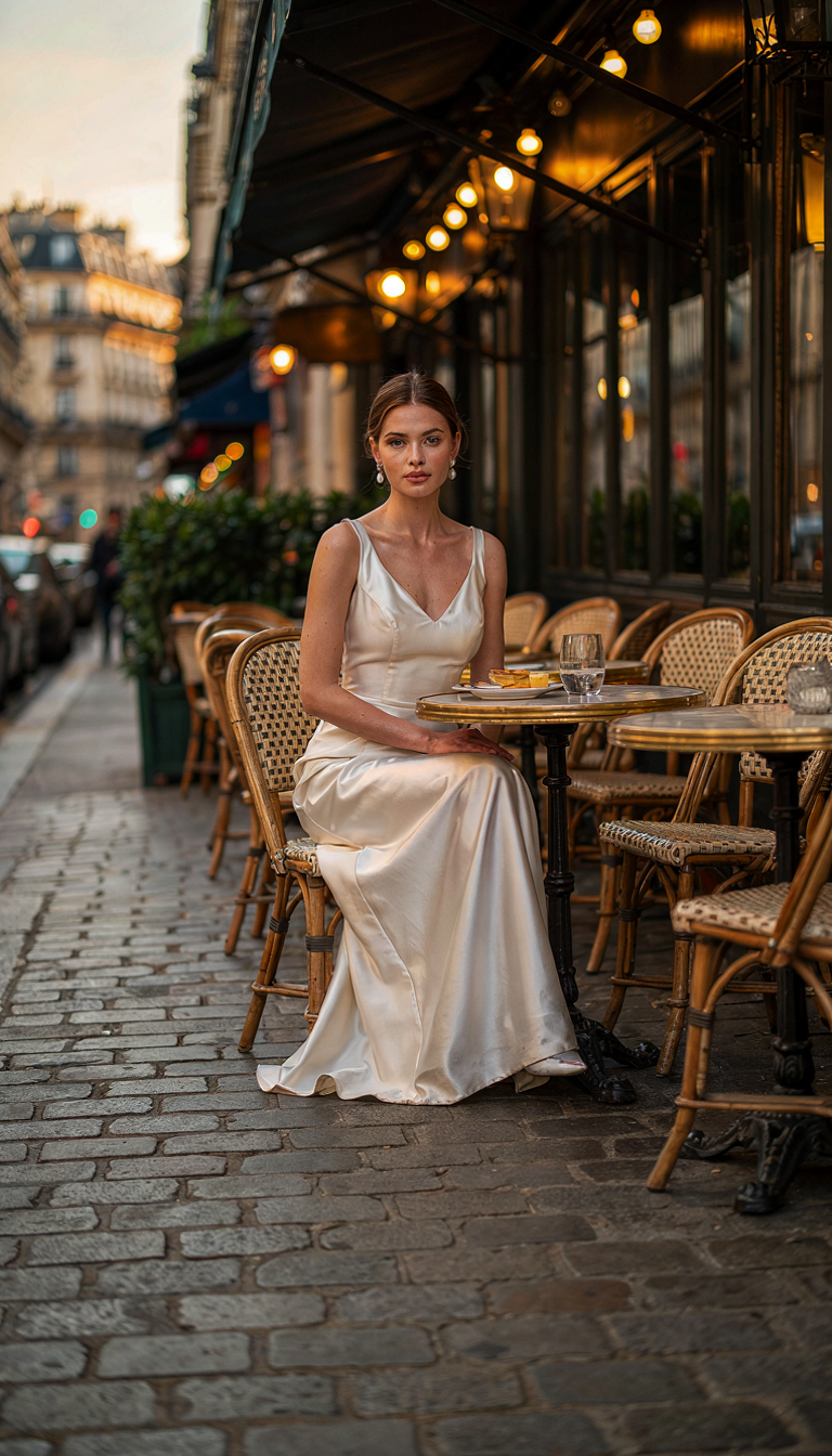 Generated result: the reference woman seated at a Parisian café table at dusk under string lights