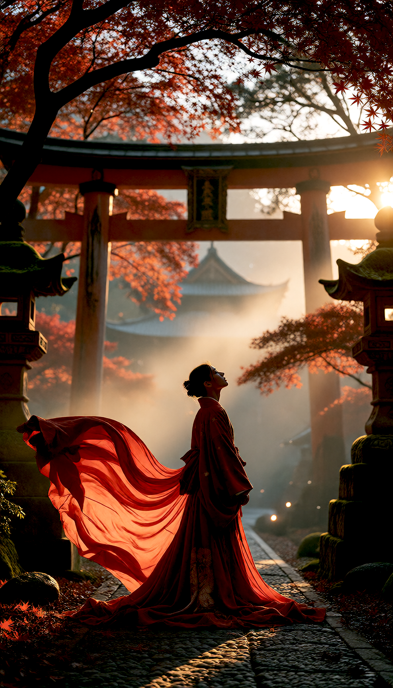 Result 1: a woman in a crimson robe in a Japanese shrine courtyard, matching the first reference image
