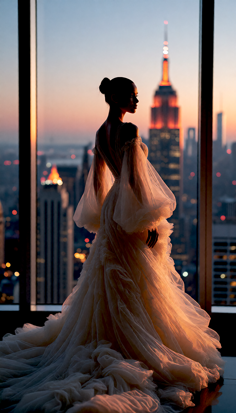 Result 2: a woman in a white gown at a high-rise window over Manhattan, matching the second reference image