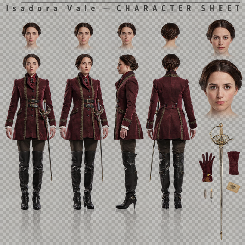 Generated result: a six-panel character reference sheet for Isadora Vale in a burgundy velvet coat