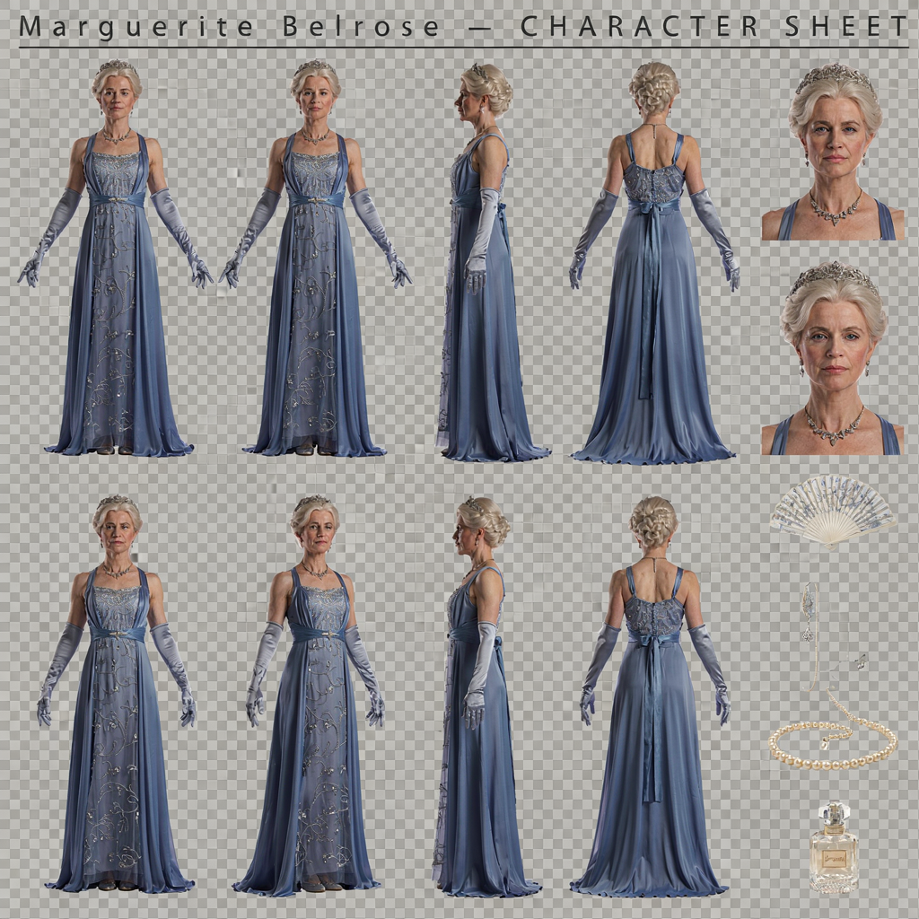 Generated result: a six-panel character reference sheet for Marguerite Belrose in a sapphire gown