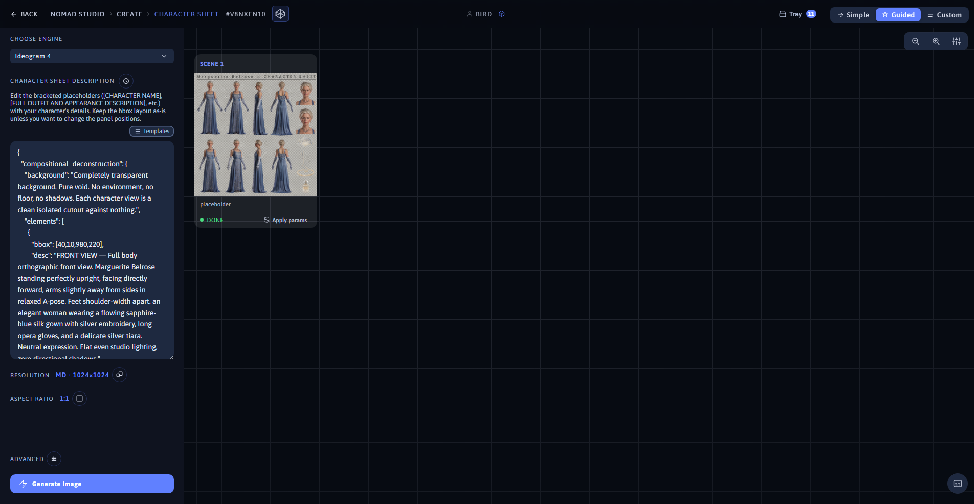 Nomad Studio Character Sheet page showing the filled-in template and the generated result