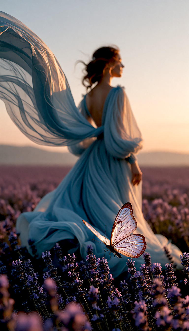 Generated result: an elegant woman in a sapphire blue dress at the edge of a lavender field at golden hour