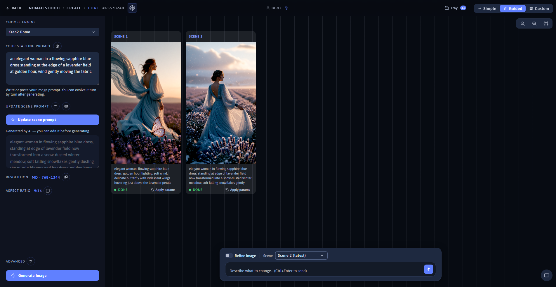 Nomad Studio Chat page showing scene 1 and scene 2 side by side in the story timeline