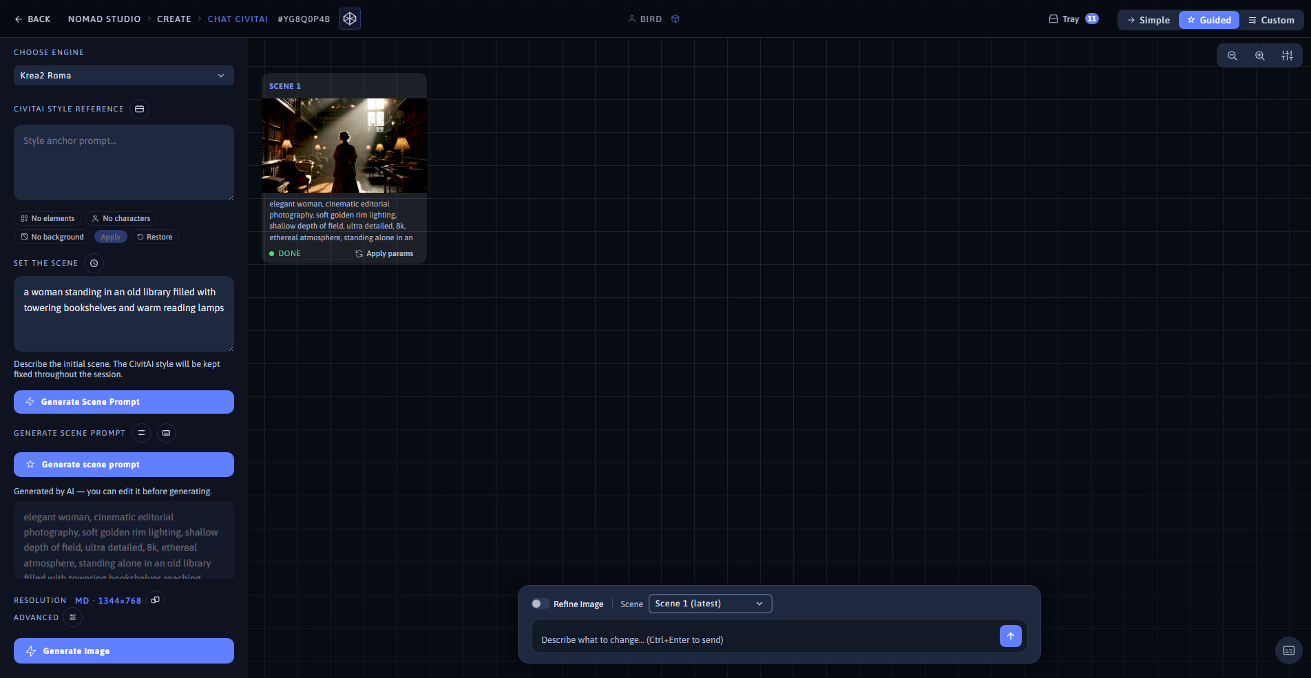 Nomad Studio Chat CivitAI page showing scene 1 with the style anchor locked in