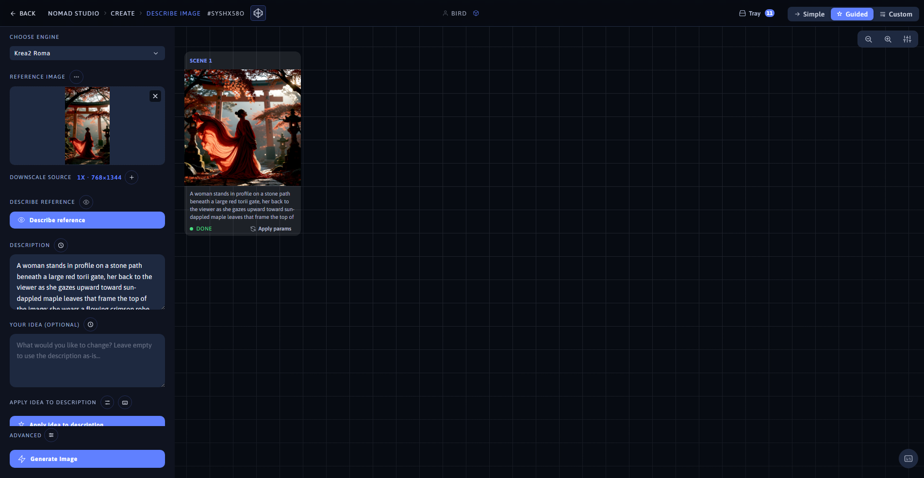 Nomad Studio Describe Image page showing the reference image, vision description, and generated result