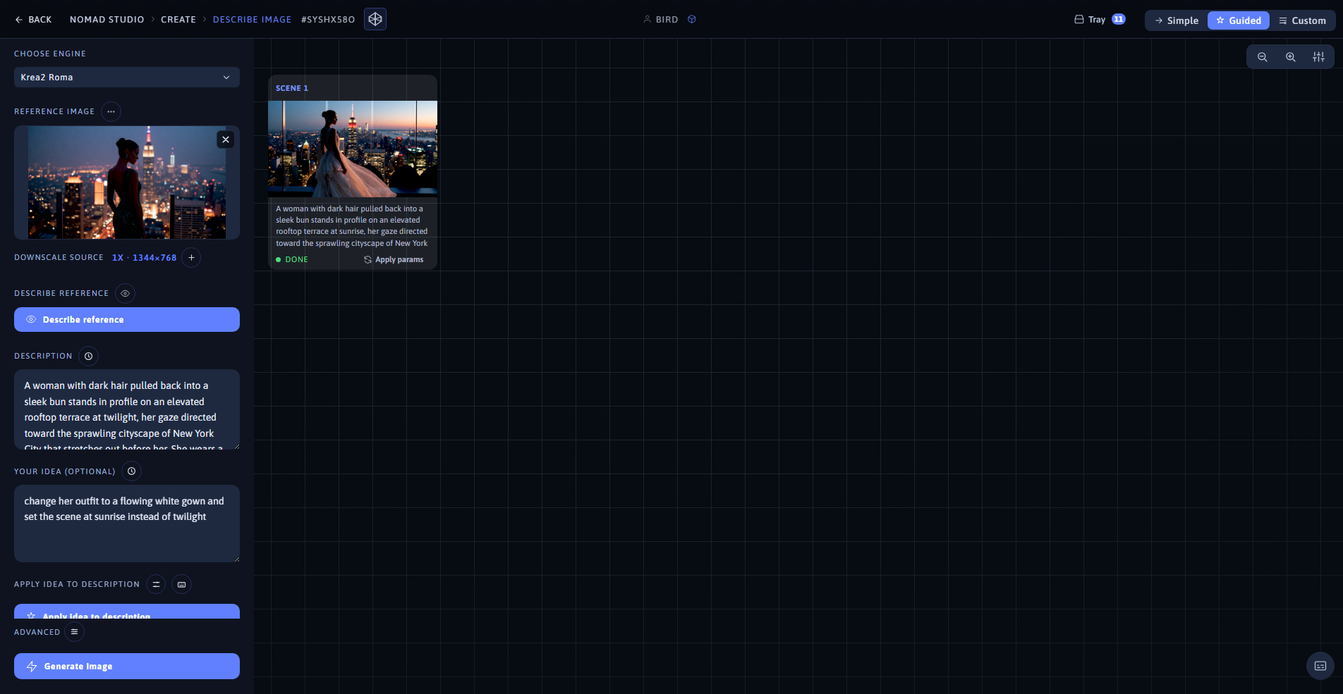 Nomad Studio Describe Image page showing the edited description at 16:9 and the generated result