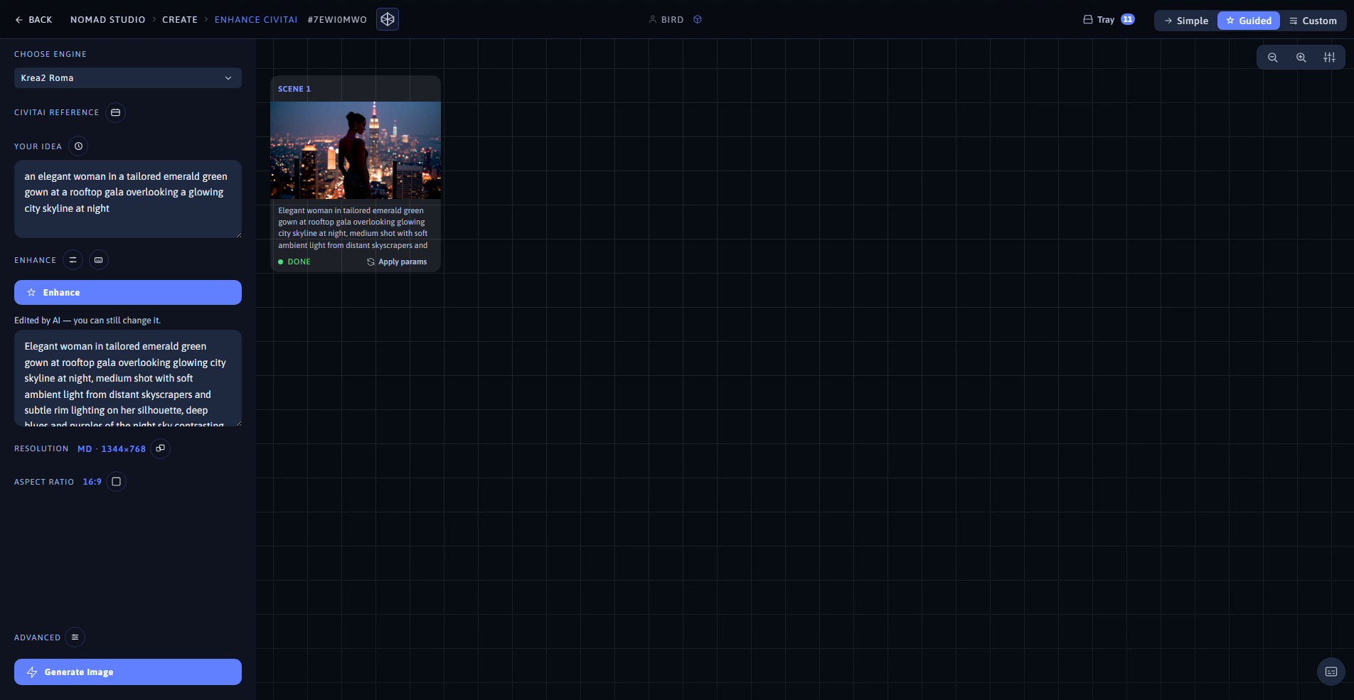 Nomad Studio Enhance CivitAI page showing the enhanced prompt and the generated image
