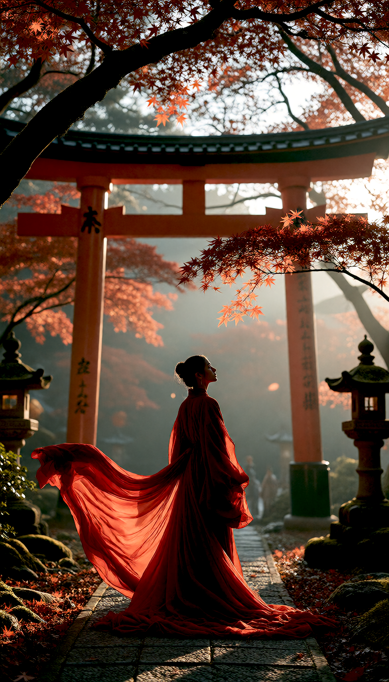 Generated result: a graceful woman in a crimson dress beneath a torii gate in a Japanese garden