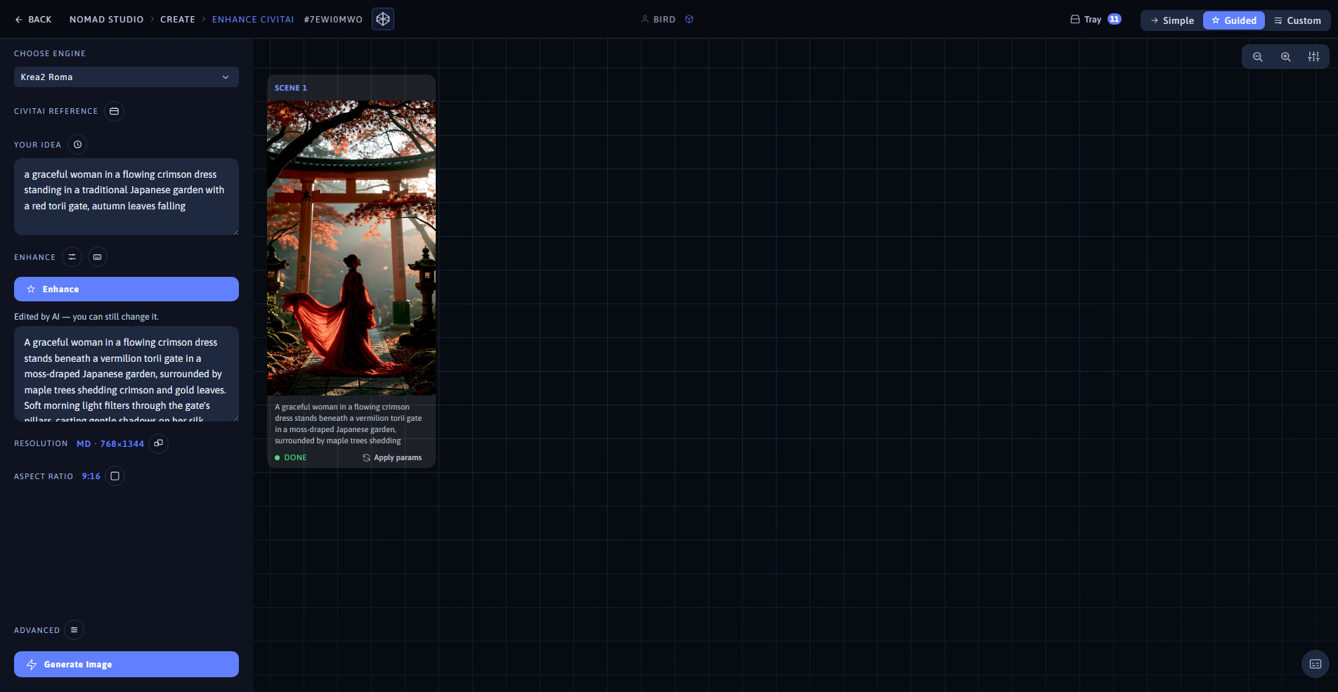 Nomad Studio Enhance CivitAI page showing the enhanced prompt at 9:16 and the generated image